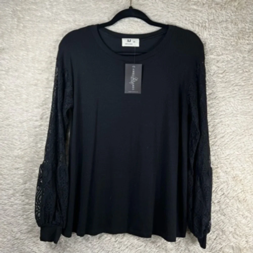 Amelia James Womens Blouse Black Long Sleeve Crew Neck Stretch‎ Lace XS New